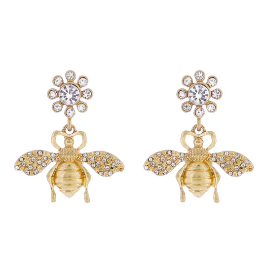 Crystal Flower Post Earring with Gold Bee