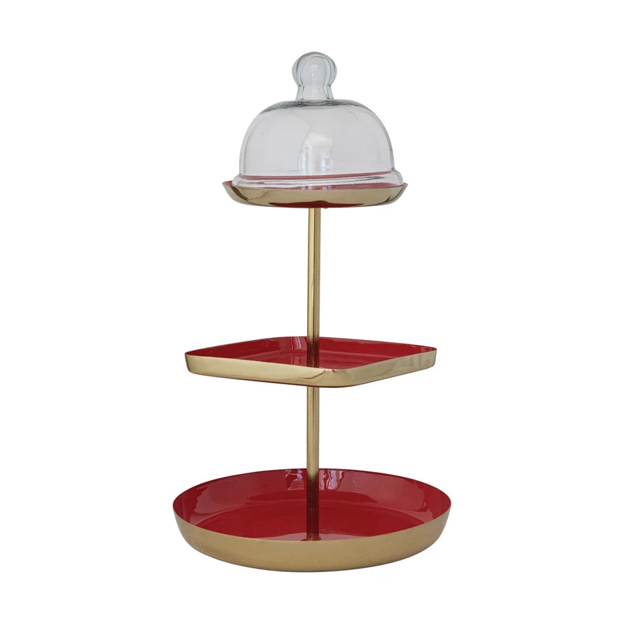 Enameled Metal 3-Tier Tray with Glass Cloche, Set of 2, KD