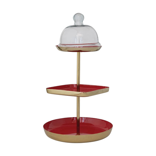 Enameled Metal 3-Tier Tray with Glass Cloche, Set of 2, KD