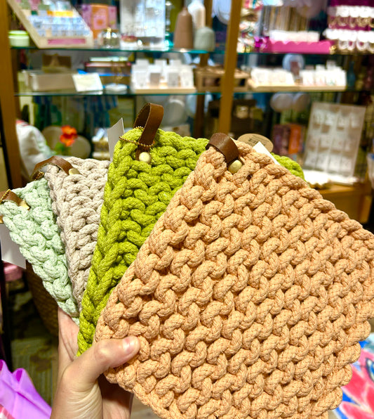 8" Square Cotton Crocheted Pot Holder w/ Leather Loop, 4 Colors