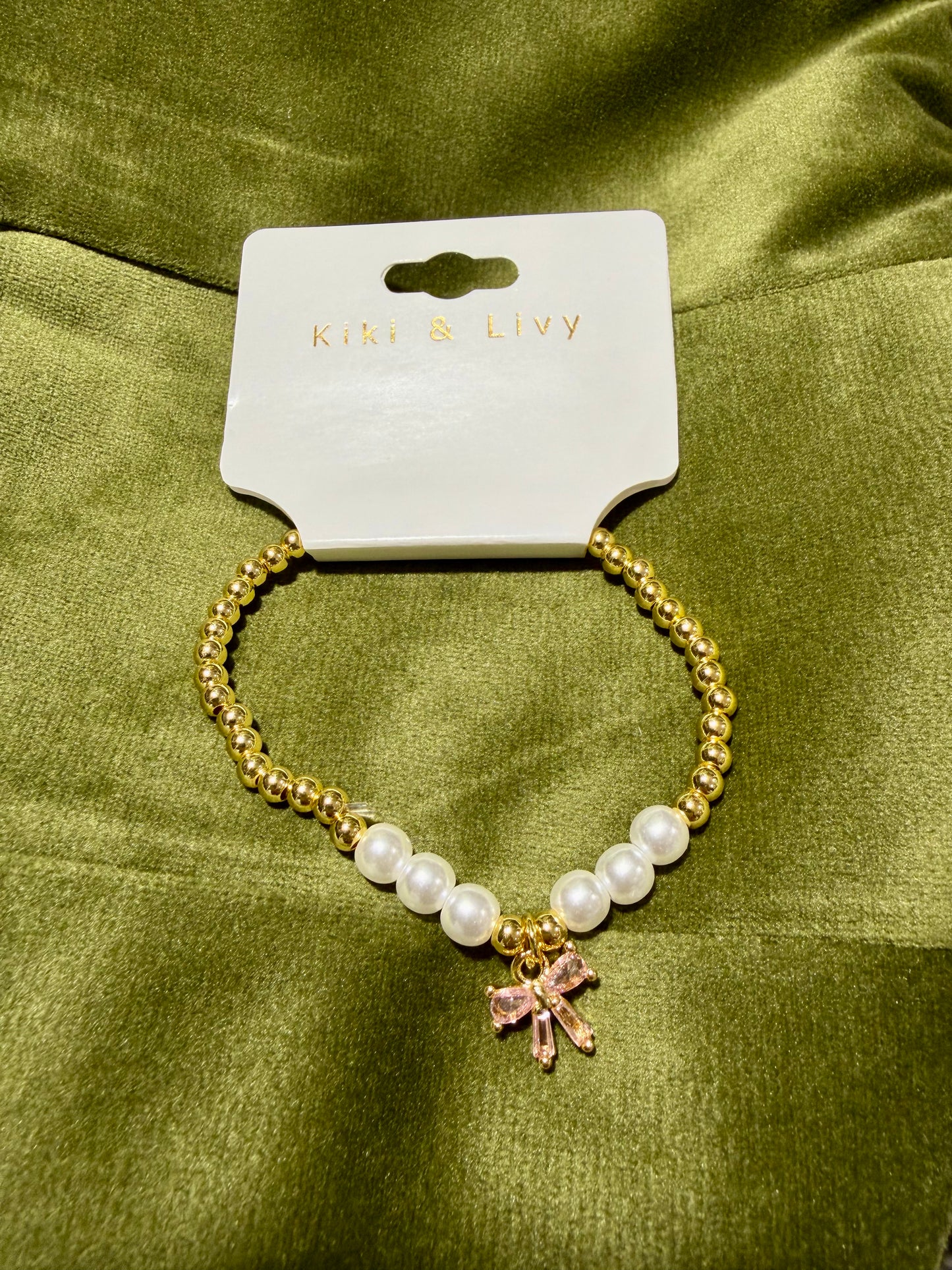 Gold Bead Pearl Bow Bracelet