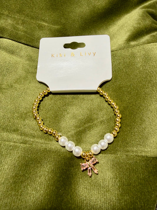 Gold Bead Pearl Bow Bracelet