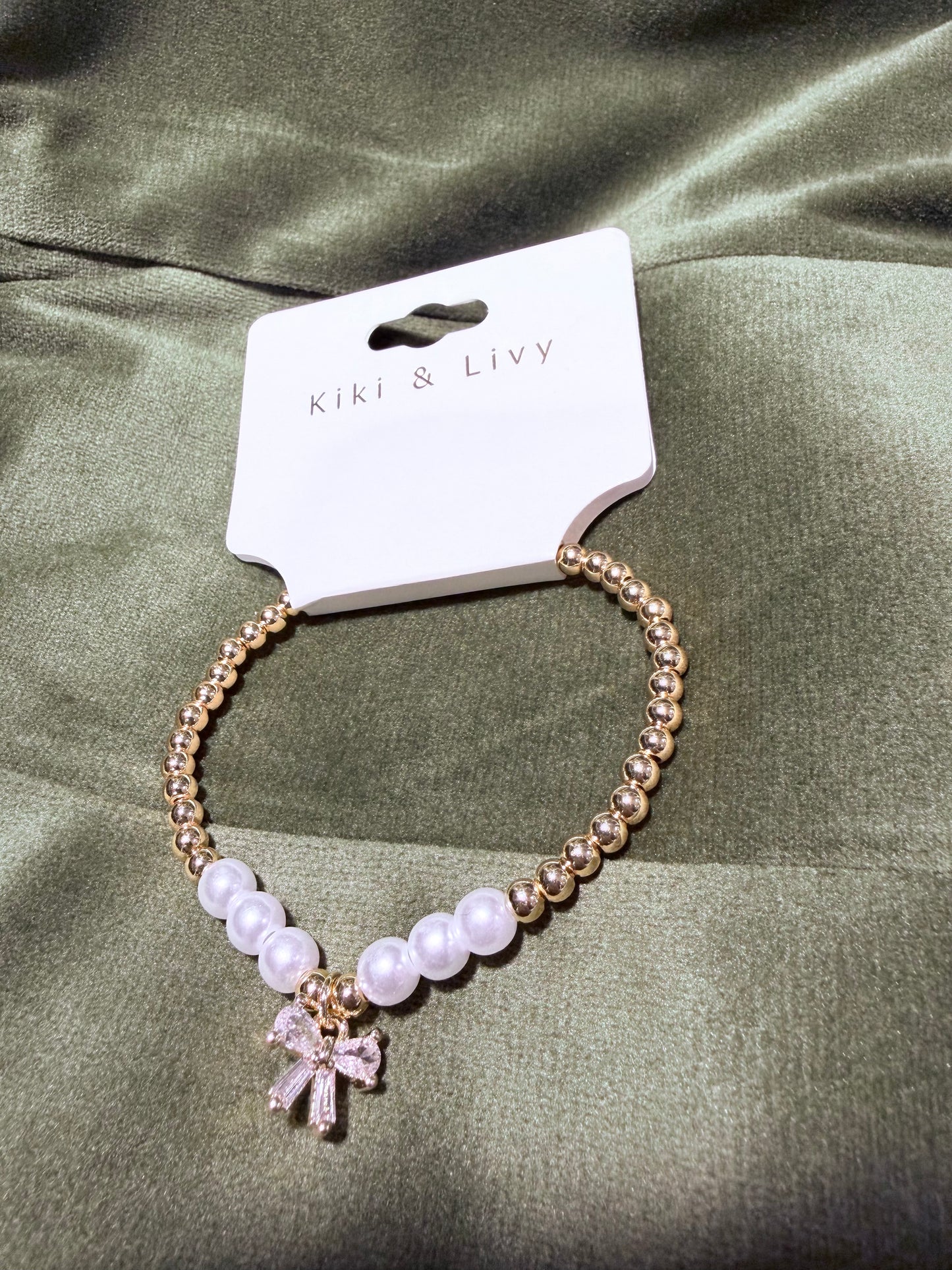 Gold Bead Pearl Bow Bracelet