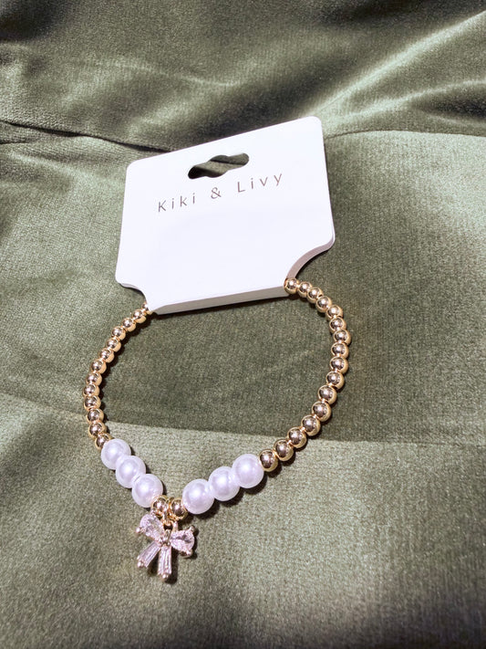 Gold Bead Pearl Bow Bracelet