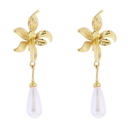 Gold Flower Post with Pearl Teardrop Earring