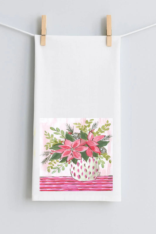 Haley Pink And Red Poinsettia Vase Tea Towel