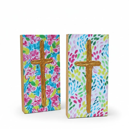 Handpainted MDF Table Block, Brights w Gold Cross, 2 asst ©Haley Bush