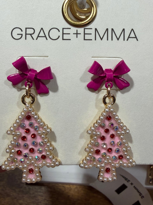 Pink Christmas Tree with Pink Bow Earrings