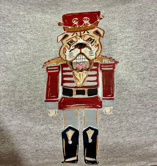 KATHRYN'S BULLDOG NUTCRACKER MAROON ON ATHLETIC GRAY SWEATSHIRT