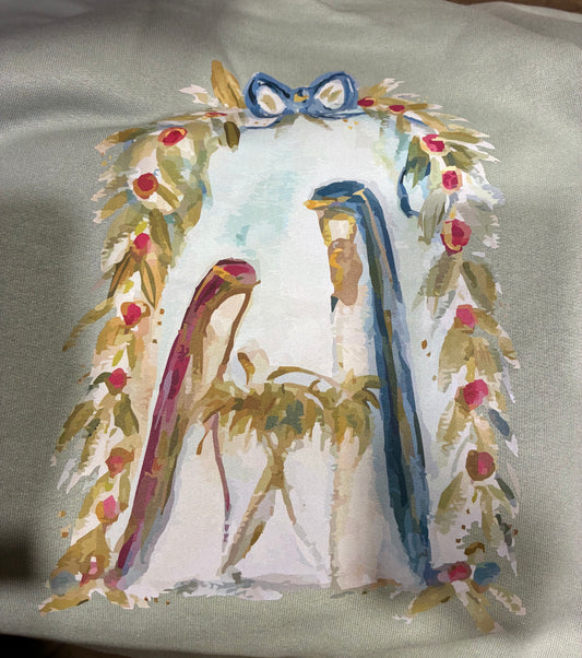 BRIDGETT GARLAND NATIVITY ON SAGE GREEN SWEATSHIRT