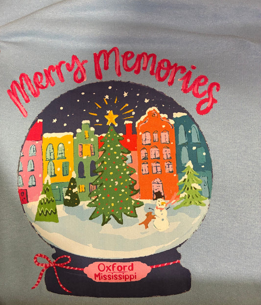 EMMALEE SNOWGLOBE MERRY MEMORIES ON LIGHT BLUE SWEATSHIRT
