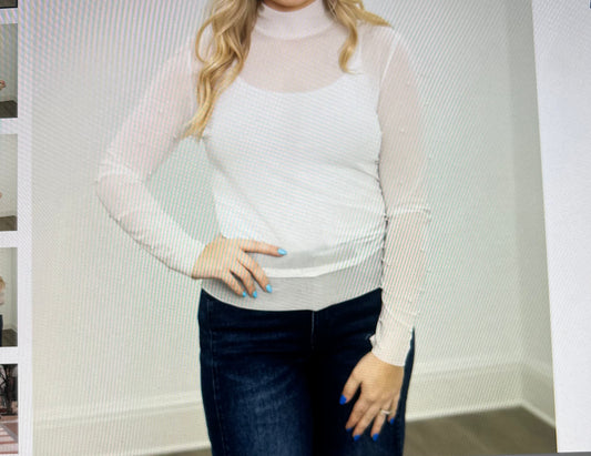 Mock Neck Mesh Top with Pearl Detail, White