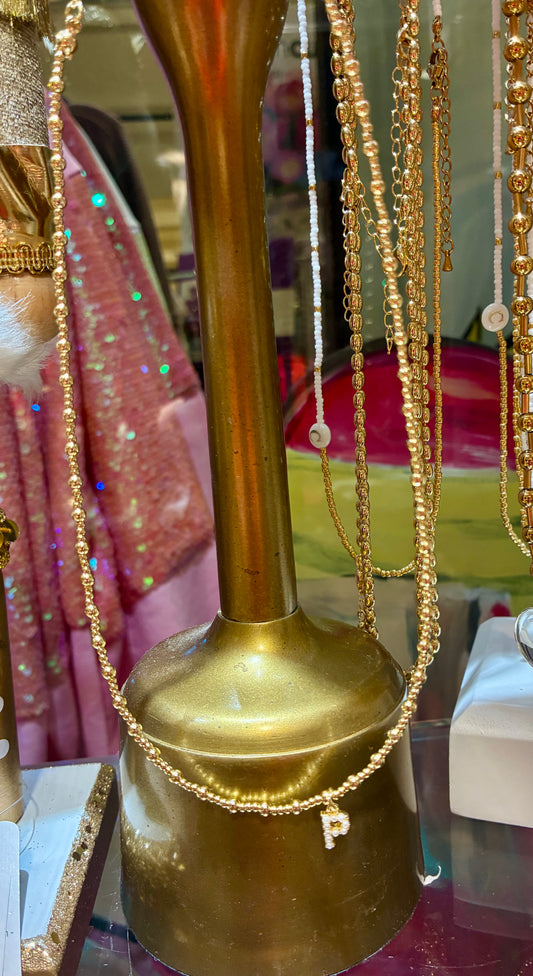 Gold Bead Pearl Letter Necklace