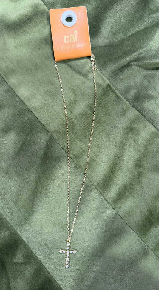 Gold Pearl Pave Cross Necklace