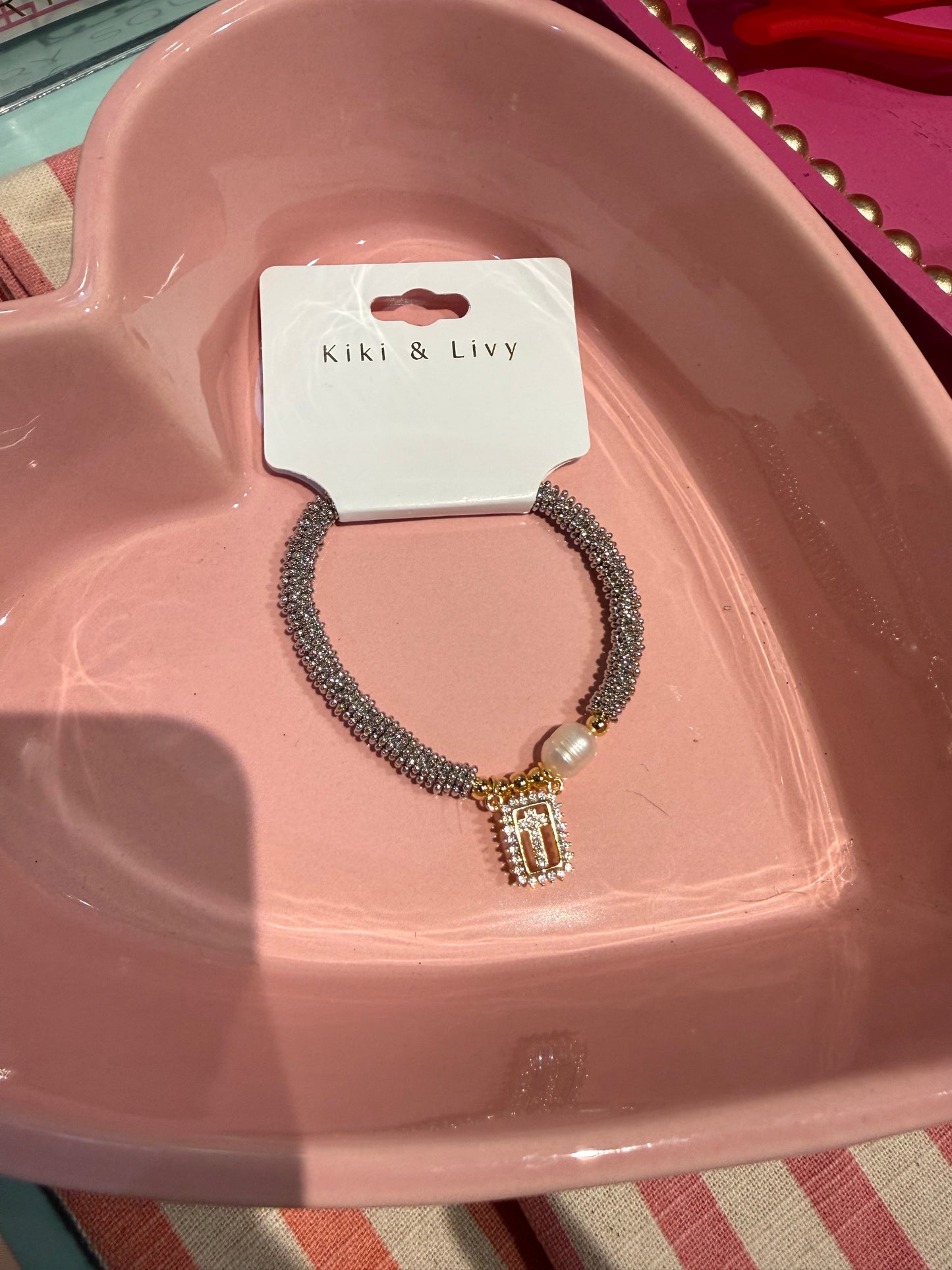 Silver Cross Bracelet with Pearl