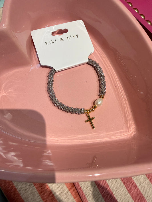 Silver Cross Bracelet with Pearl