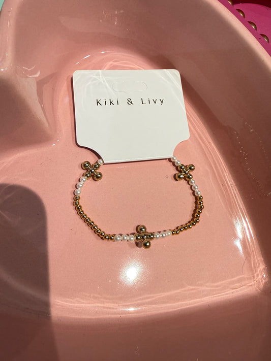 Gold Bead Pearl Bubble Cross Bracelet