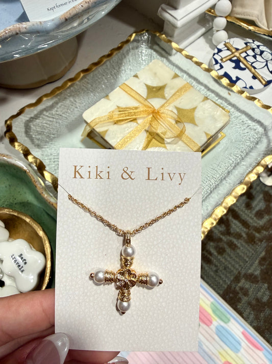Pearl Tip JV Cross Necklace