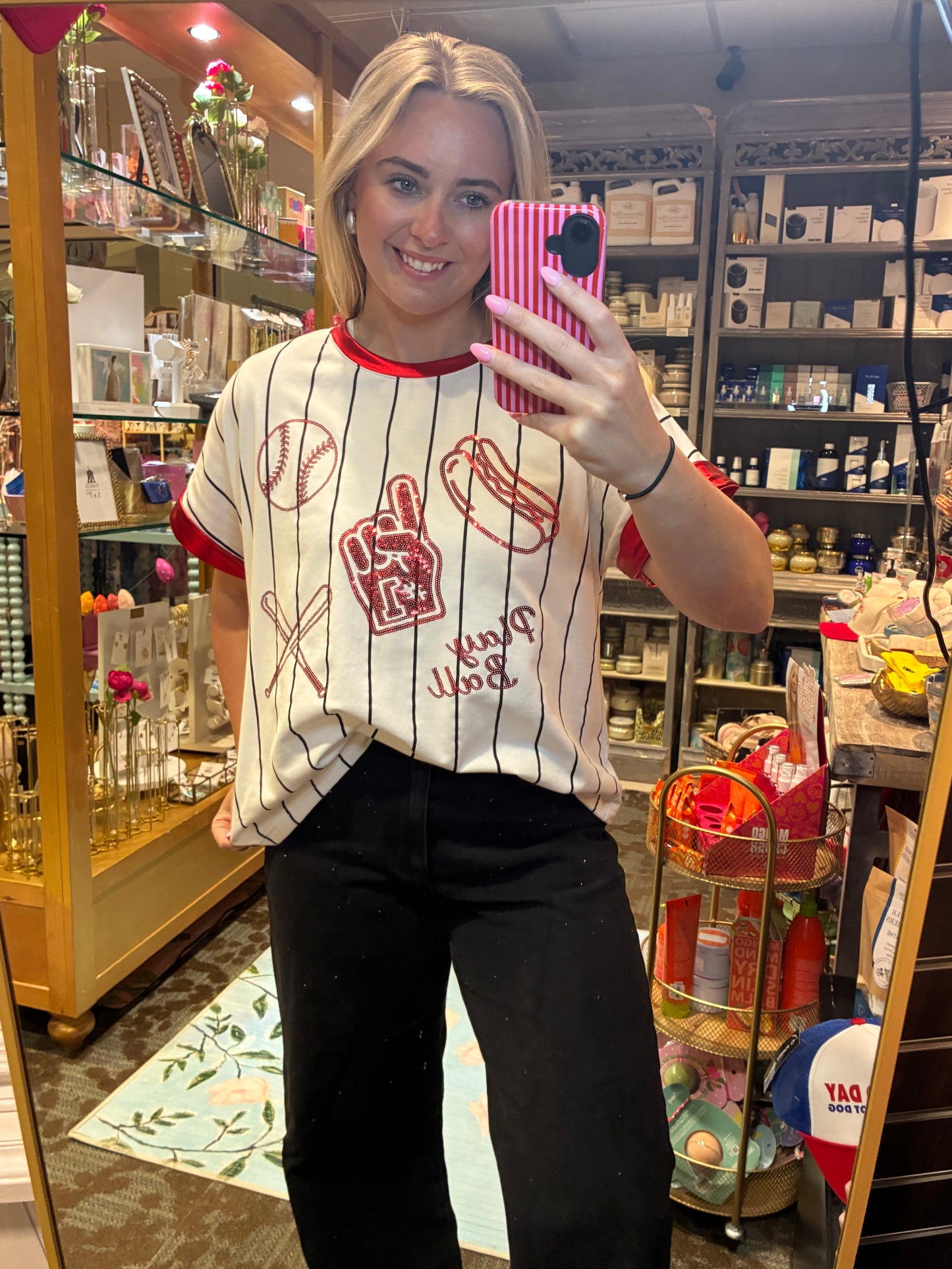 Baseball Glitter Elements On White Striped Top