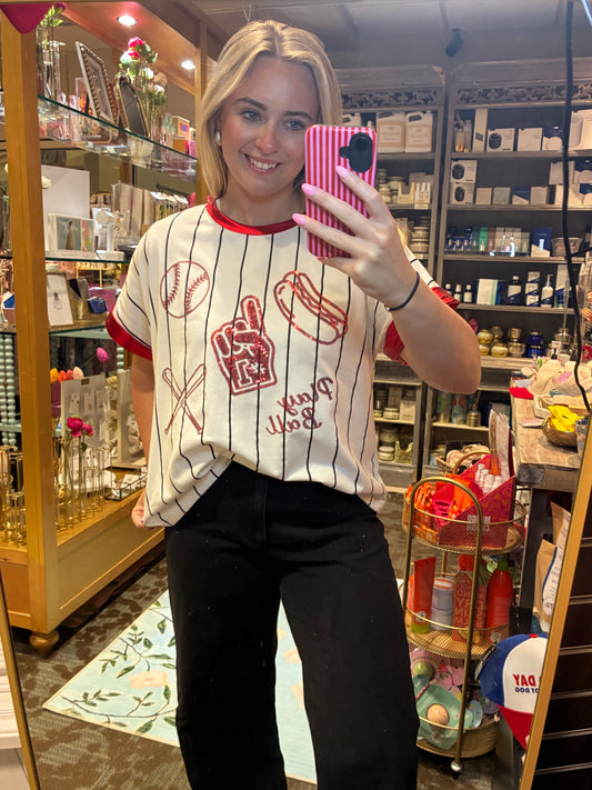 Baseball Glitter Elements On White Striped Top