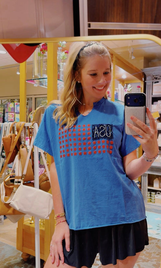 USA Flag Glitter Stars Top
