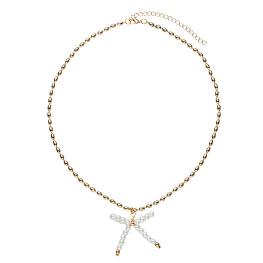 Gold Beaded Necklace with Pearl Beaded Bow