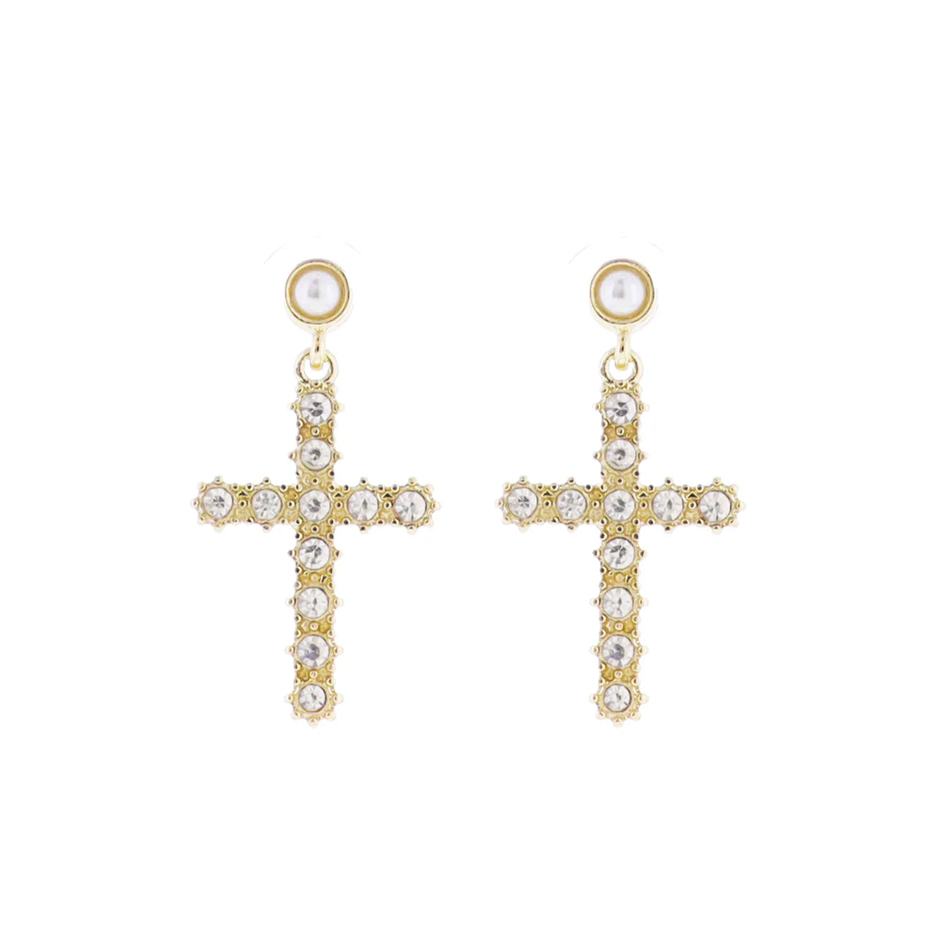 Pearl, Gold Circle Post with Clear Crystal Cross Earring