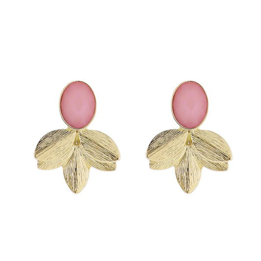 Pink, Gold Gemstone Post with Gold Leaf Fan Earring