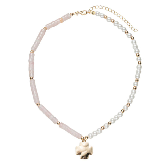 Pink, Gold, Pearl Rose Quartz Beaded Necklace with Gold Cross