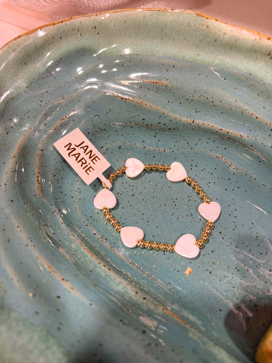 Gold Beaded Stretch Bracelet with Shell Hearts