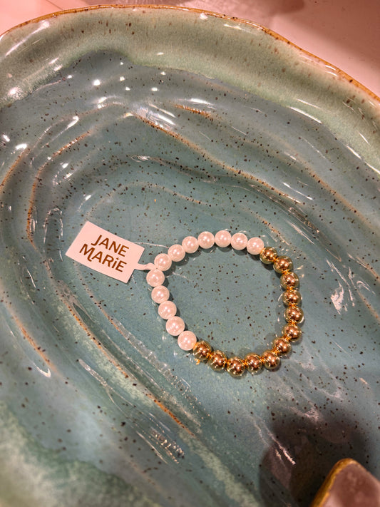 Gold, Pearl Half and Half Beaded Stretch Bracelet