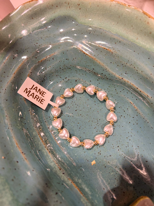 Gold, Pearl Heart Beaded Stretch Bracelet