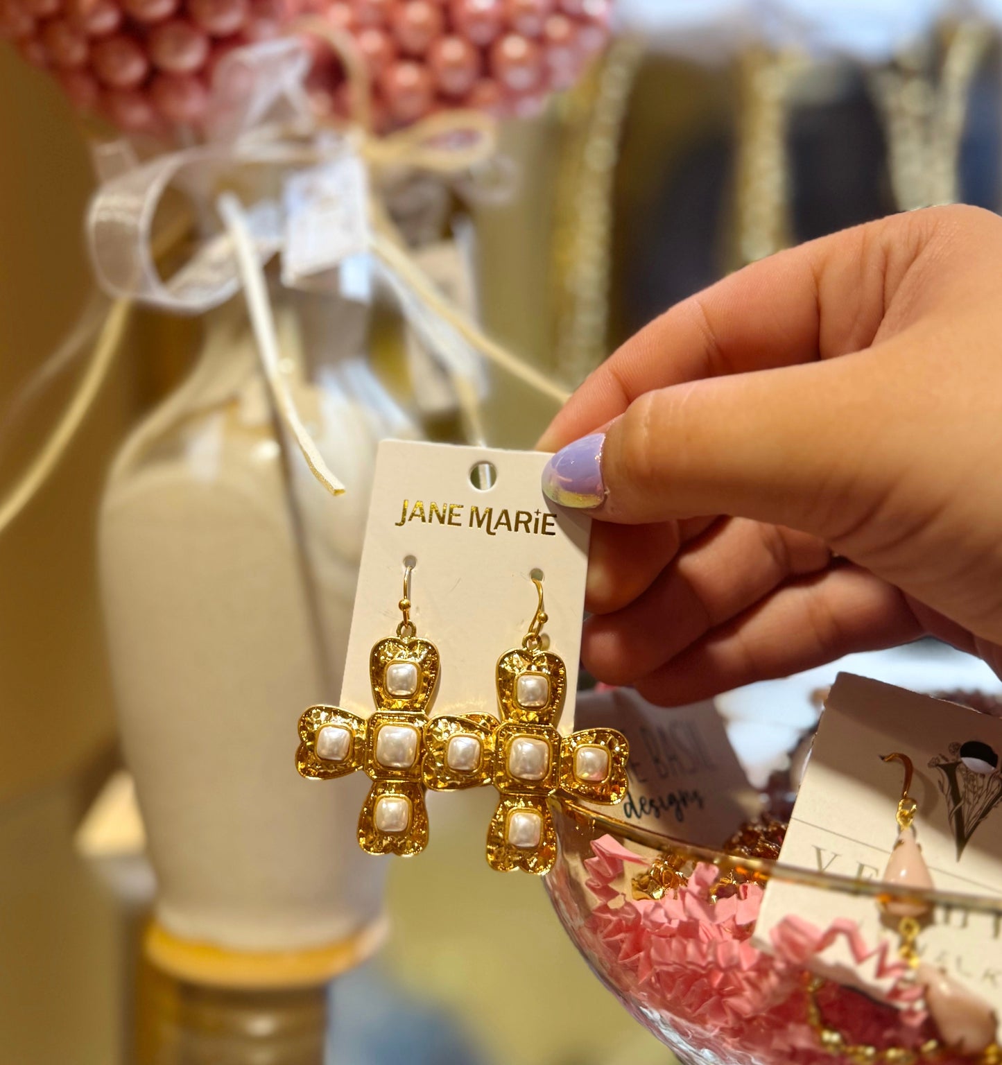 Artisan Cross Earring with Pearl Accents