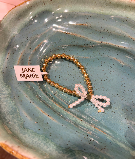 Gold Beaded Stretch Bracelet with Pearl Bow