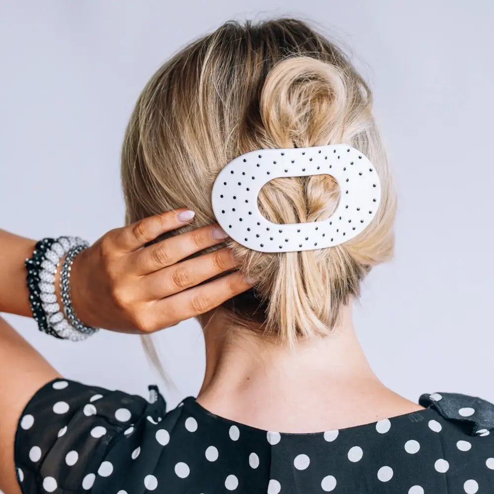 Flat Round Hair Clip | White Polka Dot Party