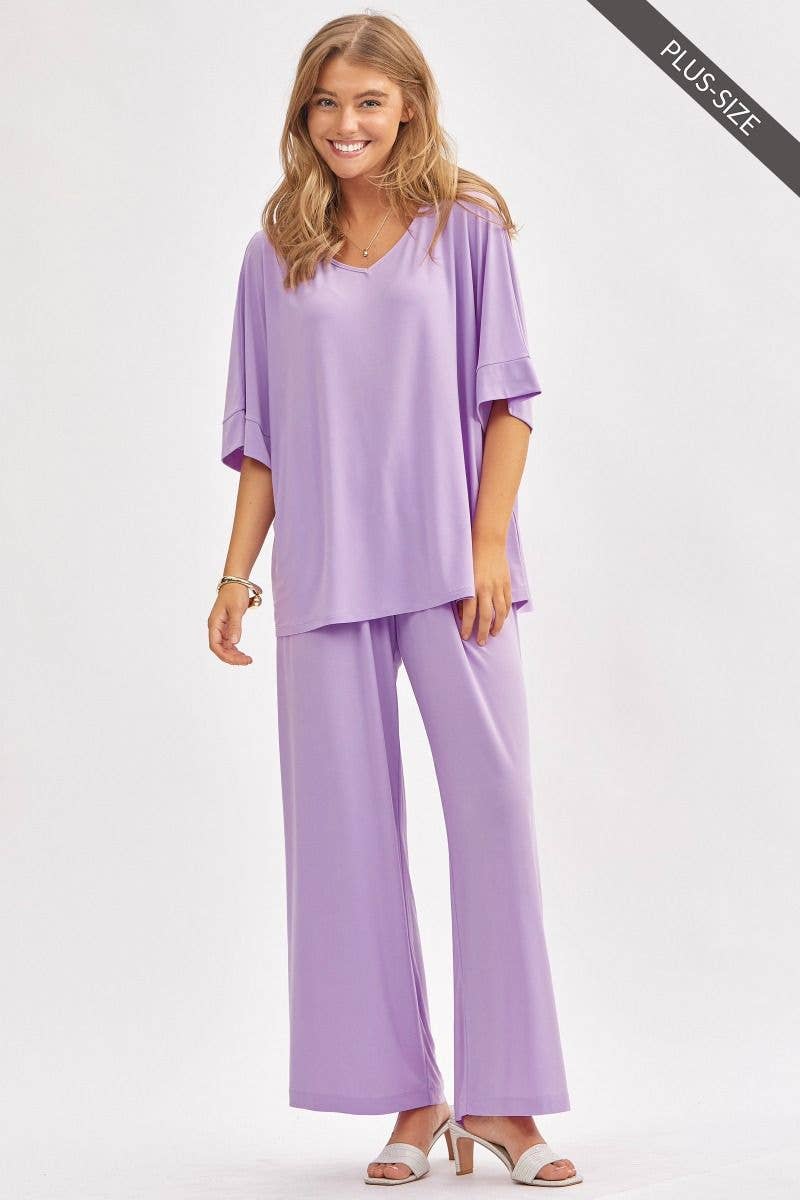 PLUS SIZE Stylish Flowy Top + Wide Leg Set : Lilac