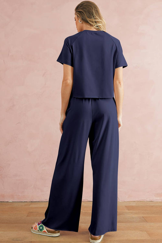 Navy Casual Raw Hem Tee & Wide Leg Pants Set | S-2XL