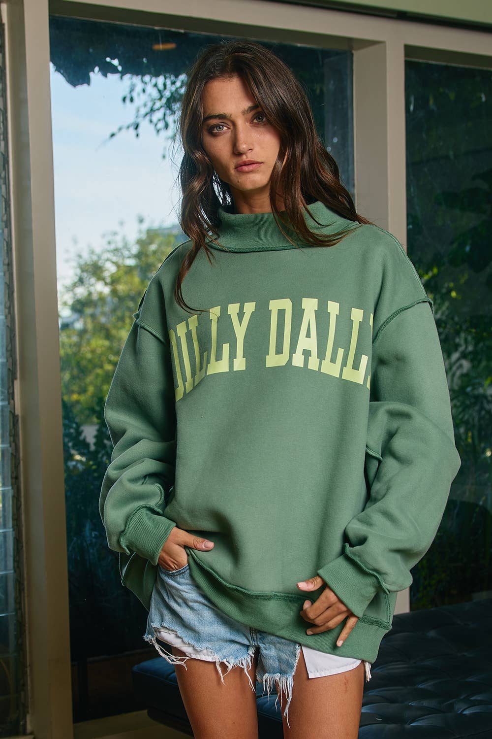 'DILLY DALLY' Mockneck Sweatshirt Green/Neon lime