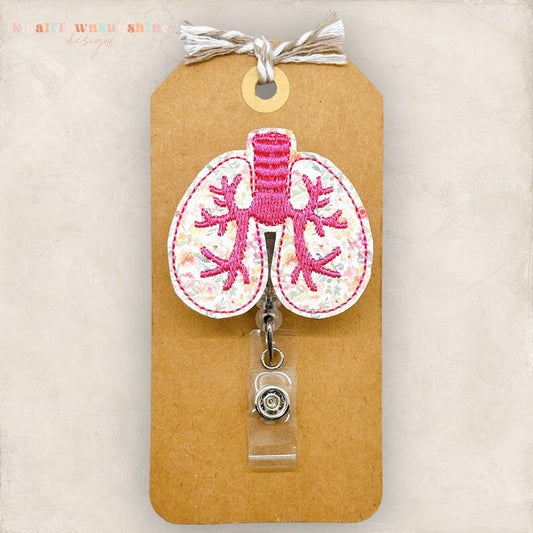 Bright Pink Floral Lungs Badge Reel - vegan leather: Black / Swivel