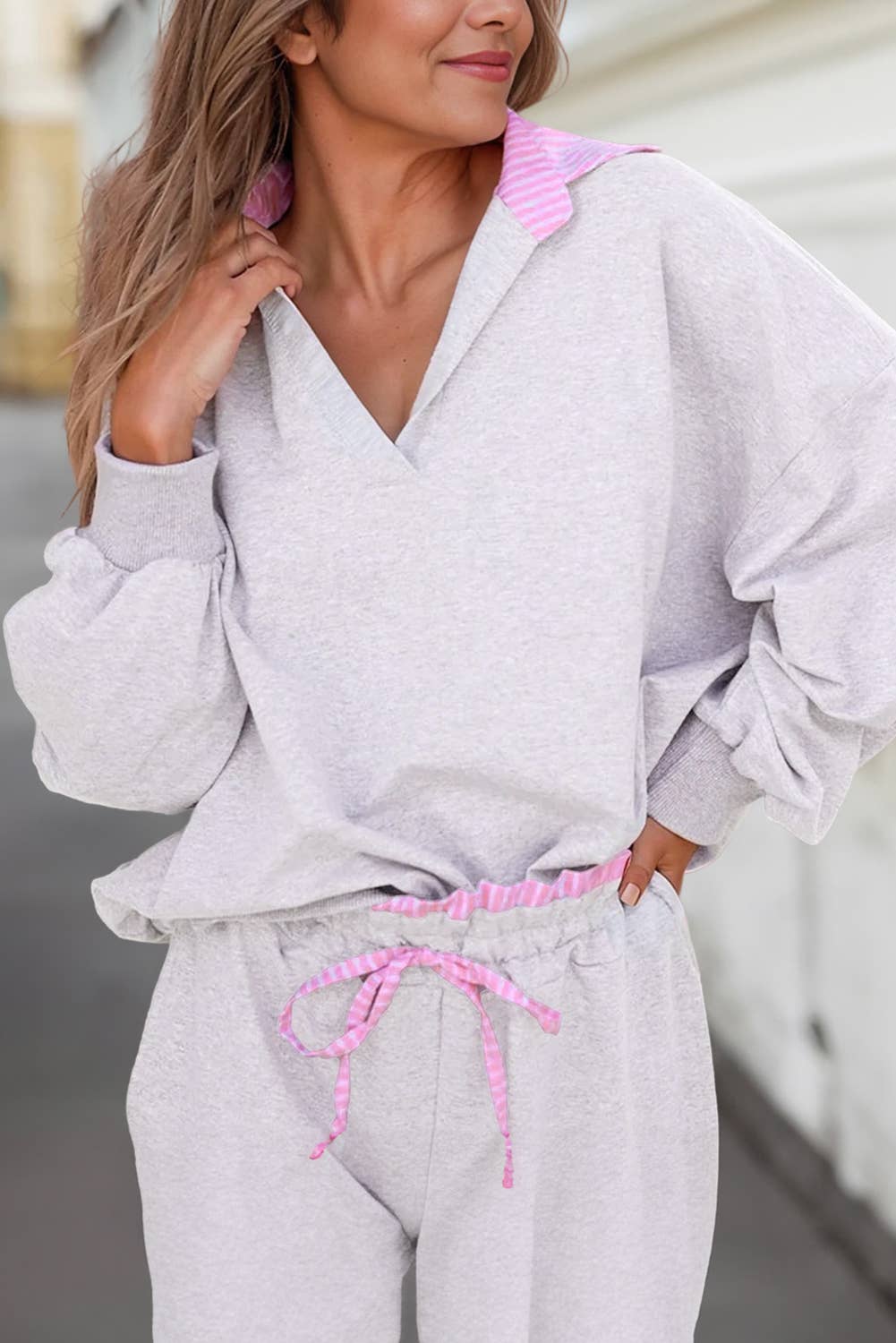 Contrasted Trim Pullover Drawstring Pant Set