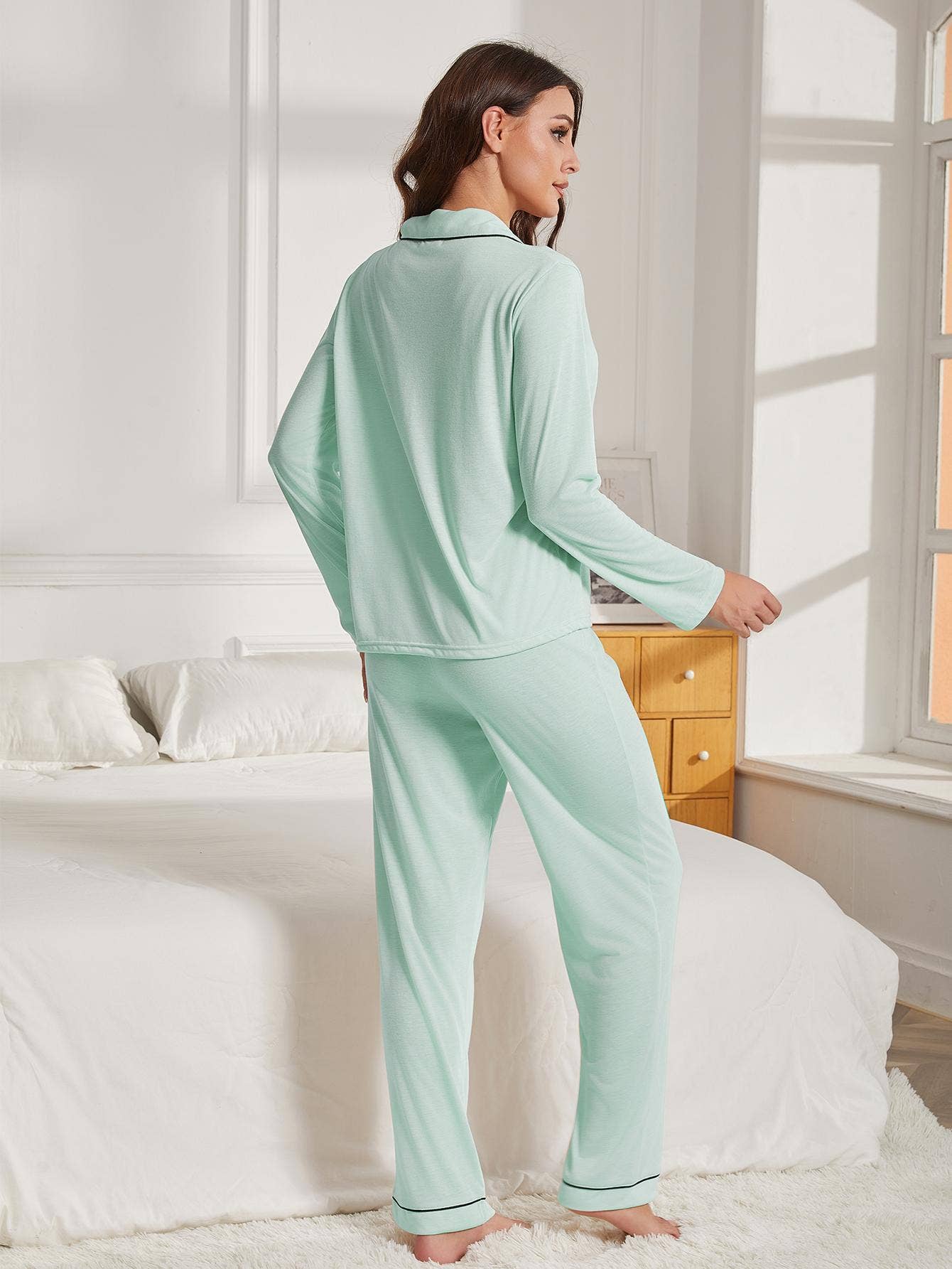 Light Green Women Pajama Set Long Sleeve Top and Pants