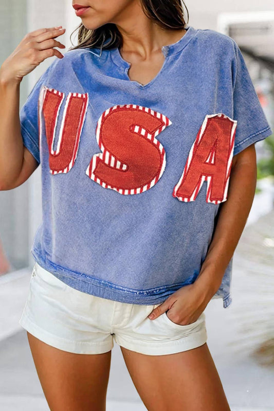 USA Patch Flag Day Mineral Wash V Neck T Shirt | S-XL