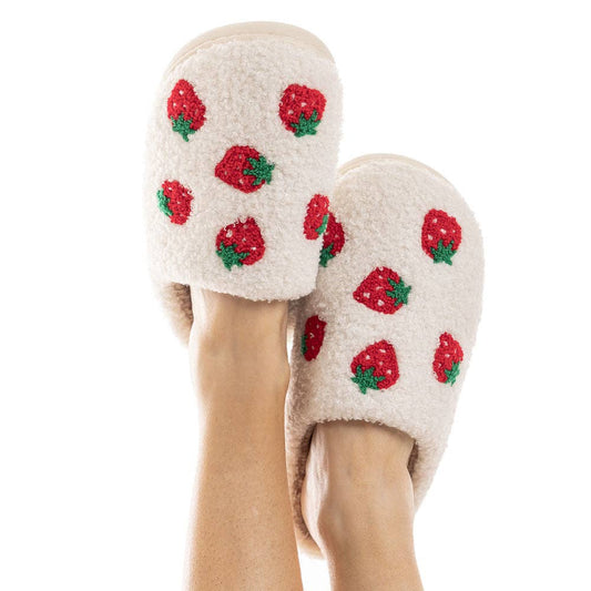 Strawberry Fuzzy Slippers for Women: White / L/XL