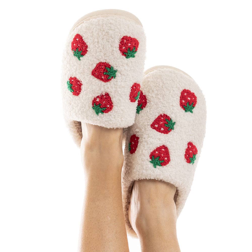 Strawberry Fuzzy Slippers for Women: White / M/L