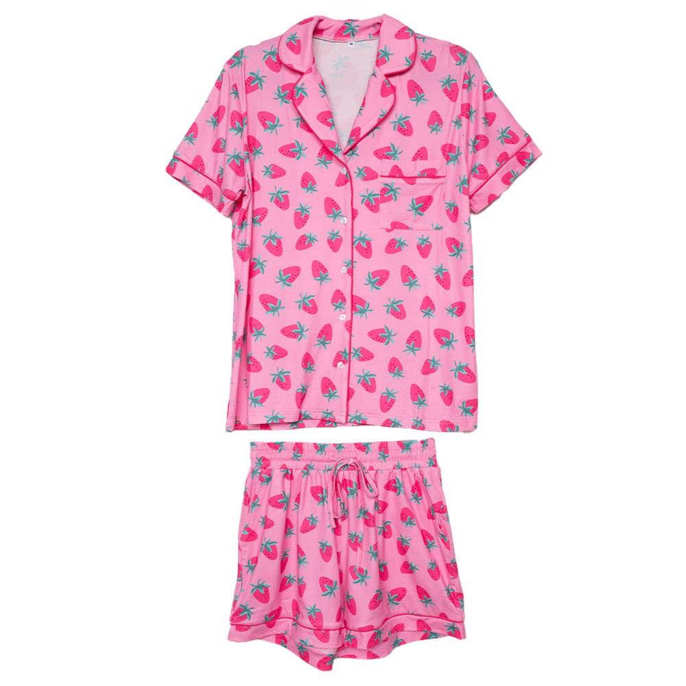 Pink Strawberry Print Pajama Sets for Women: Pink / S