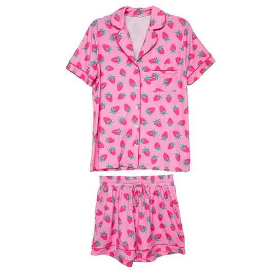 Pink Strawberry Print Pajama Sets for Women: Pink / S