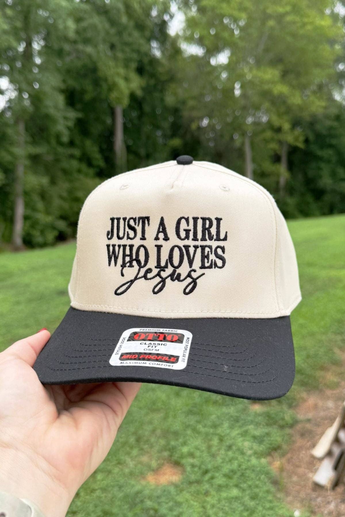 Just a Girl Who Loves Jesus | LC Elizabeth Original | Embroidered Baseball Hat: Natural/Black
