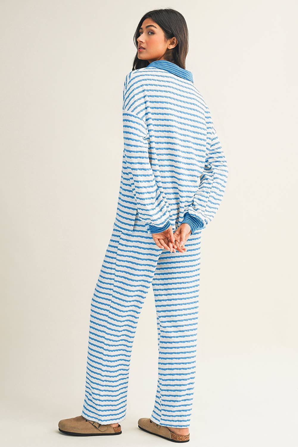 Stripe Collared Pullover Top and Drawstring Pant Set: Sky Blue