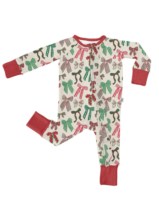 Holiday Bows  - LS Convertible Zip PJs: 18-24 mo