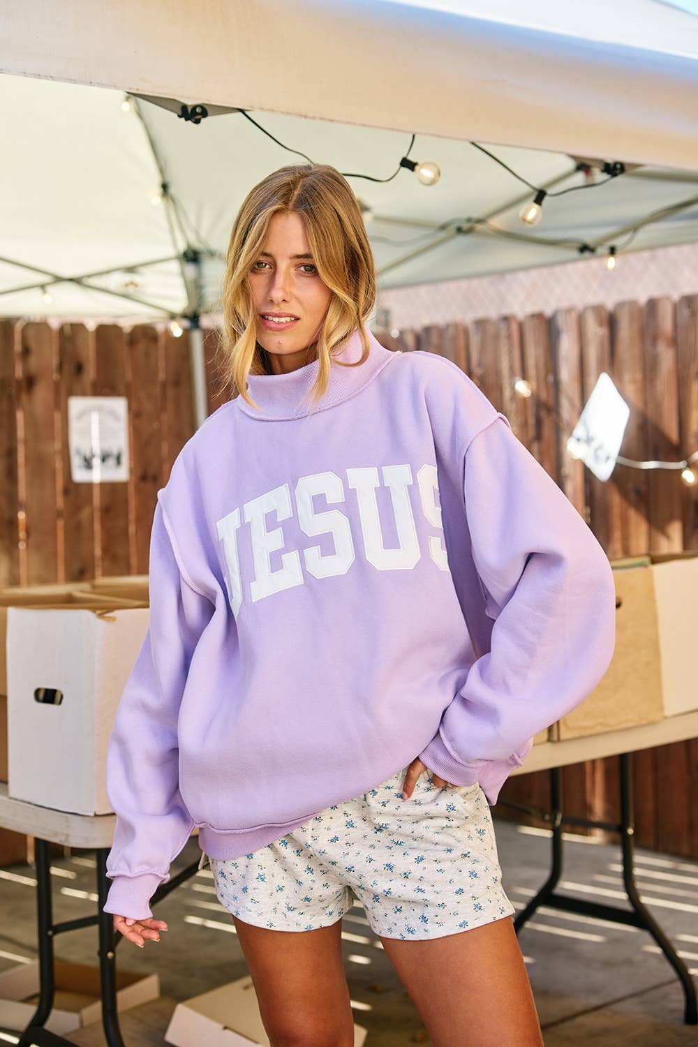 'JESUS' Embroidered Mockneck Sweatshirt LAVENDER